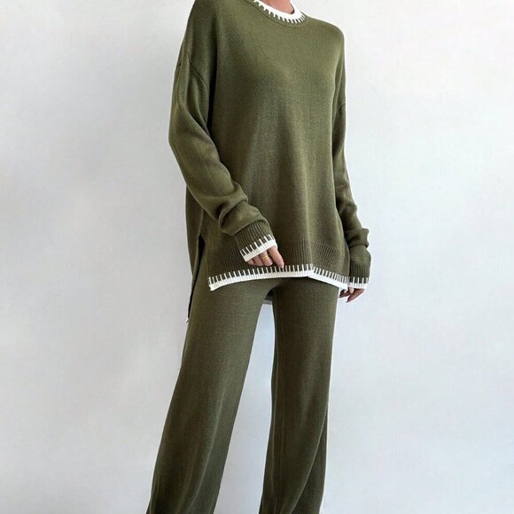 Green Casual Women's Contrast Trim Drop Shoulder Sweater & Knit Pants - Picture 6 of 6